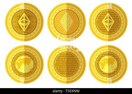 Satz flacher goldene Münze mit bitcoin astraleums Zeichen hinten und vorne. Vector Illustration isoliert auf weißem Hintergrund Stock Vektor