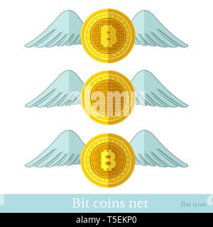 Satz flacher Symbole bit Münzen mit Flügeln isolieren auf Weiß Stock Vektor