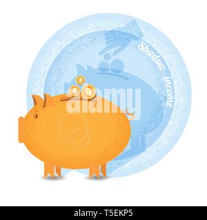 Dubiose Geschäfte Sparschwein mit Münze aber Schatten hand Zeiger in Münze auf Wand setzen. Vintage Retro Stil Schatten Einkommen Symbol auf blauen Kreis Hintergrund Stock Vektor