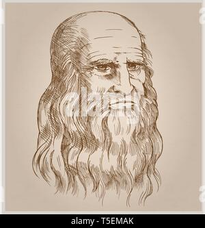 Hand gezeichnet vector Portrait auf Papier Hintergrund. Leonardo Da Vinci Stock Vektor