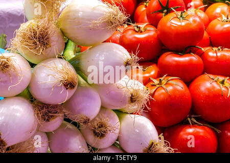 Nahaufnahme von frischen weißen Zwiebeln mit Wurzeln und Reifen roten Tomaten auf einem traditionellen Bauernmarkt in Valencia Stockfoto