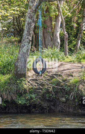 Reifen Schwingen/Baum schwingen hängen von einem Flussufer über das Wasser. Metapher Kinder am Spiel, Outdoor Adventures, Schulferien. Stockfoto