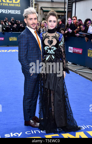 Zac Efron und Lily Collins an der Extrem Böse, erschreckend Bösen und Gemeinen Europäischen Premiere auf das Curzon Mayfair, London statt. Stockfoto