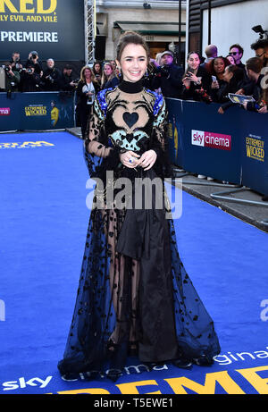 Lily Collins an der Extrem Böse, erschreckend Bösen und Gemeinen Europäischen Premiere auf das Curzon Mayfair, London statt. Stockfoto