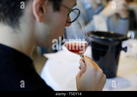 Abbildung, blinden Weinprobe Contest: Mann hält ein Glas Wein unter seiner Nase roch es Stockfoto