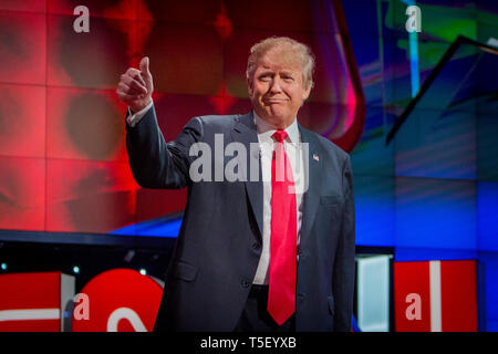 Präsidentschaftskandidaten Donald Trump vor der CNN-republikanischen Präsidentendebatte im Venetian Hotel & Casino in Las Vegas. Stockfoto