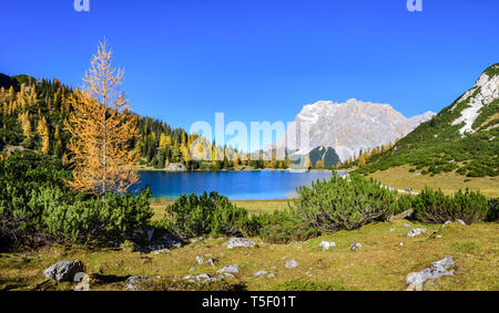 Die traumhaft gelegene Seebensee in Tiroler Alpen Mit der westlichen Wand der Zugspitze in falltime Stockfoto