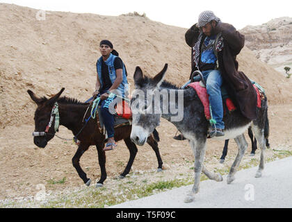 Bedouin Männer reiten ihre Esel in der Nähe von Little Petra in Jordanien. Stockfoto