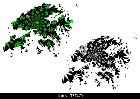 Hongkong - Karte ist Cannabis blatt grün und schwarz gestaltet, Special Administrative Region der Volksrepublik China (HK) Karte aus Marihuana ( Stock Vektor