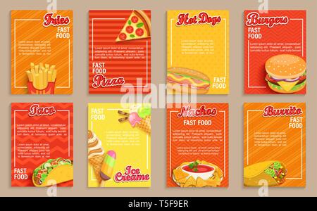 Große Fast-Food-shop Flyer, Banner. Sammlung von Pommes, Pizza, Hot Dog, Burger und Nachos, burrito Taco und Eis Menü Seiten für cafeteris, Res Stock Vektor