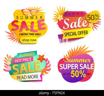 Der Sommer Verkauf und Rabatt Aufkleber. Angebot für Mitte oder Ende der heißen Jahreszeit. Kleiner Preis. Einladung für Online Shopping mit 50 Prozent aus, Stock Vektor