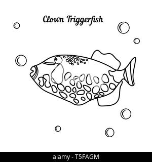 Malbuch tropische Fische Clown Drückerfisch - Balistoides conspicillum whith bubbless. Cartoon marine Charakter. Design für Bildung Karte, Farbgebung Stock Vektor