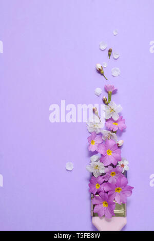 Kreatives Konzept. Pinsel mit Kirschblüten und Lila Blume auf Pastell lila Hintergrund. Minimal Art Komposition mit kopieren. Flach, Stockfoto