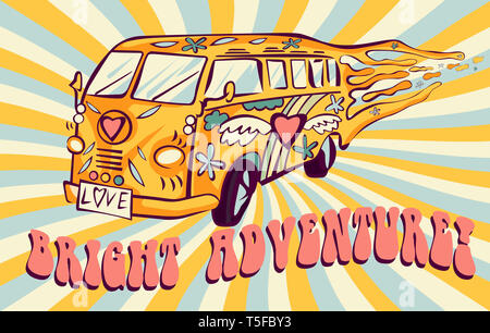 Hippie Auto, Kleinbus auf Strahlen Hintergrund. Helle Abenteuer Poster. Psychedelic Konzept. Stockfoto