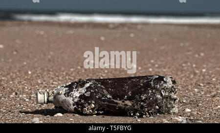 Produkte aus Kunststoff verstopfen die Natur mehr und mehr. Plastikflasche im Meer Seepocken und Schwämme (foulers) und an Land geworfen am Strand, Marine polluti Stockfoto