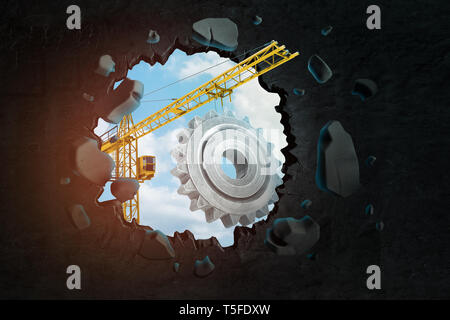 3D-Rendering von baukran tragen große, graue Zahnrad und Stanzen großes Loch in der schwarzen Wand. Stockfoto