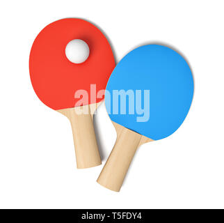3D-Rendering von zwei Ping pong Schläger mit roten und blauen Beläge und einem weißen Tischtennisball gesehen von oben auf weißem Hintergrund. Stockfoto