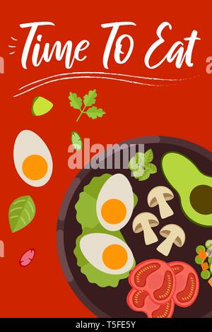 Frühstück essen auf hellen Hintergrund im flachen Design Style. Doodle Elemente. Wohnung essen - Spiegelei, Avocado, Gemüse. Zeit zu essen. Vector Illustration Stock Vektor