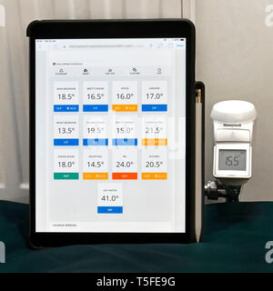 IPad und aktuelle App Mockup Smart Home Heizungszonen mit Fernbedienungstechnologie über Honeywell trv & Evohome motorisiertes LED-Radventil UK Stockfoto