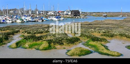 Panorama Landschaft Boote & Yachten in der Marina Liegeplatz am Küstenort Tollesbury auf dem Fluss Blackwater Salzwiesen & schlammigen Bäche Essex England Großbritannien Stockfoto