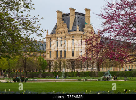 Paris/Frankreich - 05 April 2019. Wunderbare Feder Tuileries Garten und Blick auf den Louvre Stockfoto