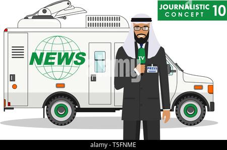 Journalistische Konzept. Ausführliche Darstellung der arabischen muslimischen Mann Reporter und TV oder Nachrichten Auto im flachen Stil auf weißem Hintergrund. Vector Illustration. Stock Vektor