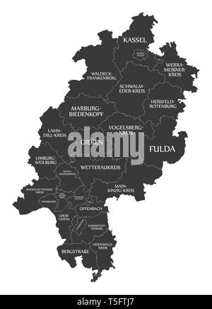Moderne Karte - Hessen Deutschlandkarte mit Landkreisen und Etiketten schwarz Stockfoto