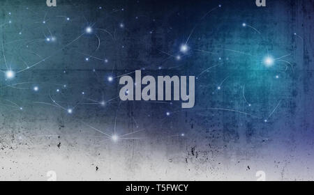 Projektion der Netzwerkstruktur mit glühenden Knoten auf rauen Beton Wand, soziale Netzwerk Konzept Stockfoto