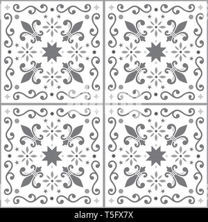 Azulejos nahtlose Vektor Muster, grau Portugiesische Lissabon fliesen Design mit Fleur de Lis, Blumen und geometrische Formen Stock Vektor