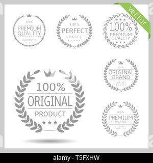 Lorbeerkranz label Badge Set isoliert. Perfekte Wahl, original Produkt, Premium Qualität. Vector Illustration Stock Vektor