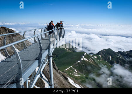 LA MONGIE, Frankreich - Juli 06: Touristen fotografieren auf dem Ponton dans le ciel des Pic du Midi Sternwarte, Royal, La Mongie, Frankreich am Stockfoto