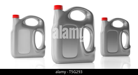 Auto Motoröl 5 Liter, Kunststoff Kanister mit Griff mockup leer ohne Etikett mit roter Farbe cap vor weißem Hintergrund. 3D-Darstellung Stockfoto