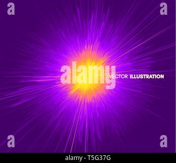 Hintergrund mit Explosion. Starburst dynamische Linien. Solar oder Starlight Emission. 3d-futuristische Technologie Stil. Vector Illustration. Stock Vektor