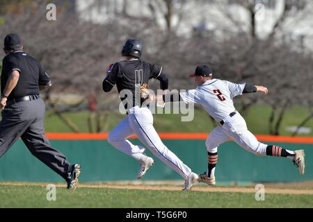 Nachdem er in einem heruntergekommenen zwischen den zweiten und dritten gefangen wird, war ein Base Runner schließlich jagte hinunter und von einem gegnerischen infielder gekennzeichnet sind. USA. Stockfoto