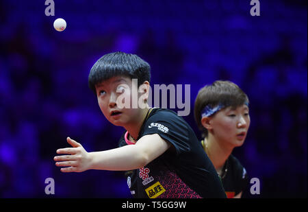 Budapest, Ungarn. 24 Apr, 2019. Sun Yingsha (L)/Wang Manyu von China konkurrieren während der Frauen verdoppelt die Runde der letzten 16 gegen Dora Madarasz/Szandra Pergel von Ungarn 2019 ITTF World Tischtennis-WM in Budapest, Ungarn, 24. April 2019. Sun Yingsha/Wang Manyu gewann 4-1. Credit: Tao Xiyi/Xinhua/Alamy leben Nachrichten Stockfoto