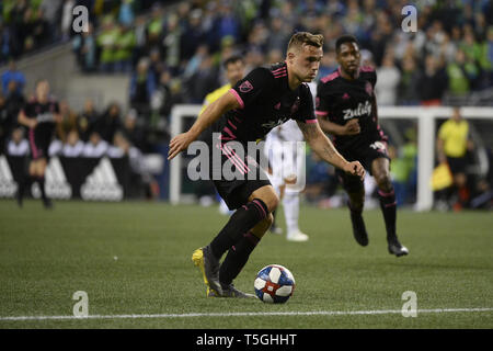 Seattle, Washington, USA. 24 Apr, 2019. Seattle's Jordanien Morris (13), die in Aktion, wie die San Jose Earthquakes besuchen Sie die Seattle Sounders in einem MLS-Match im Century Link Feld in Seattle, WA. Credit: Jeff Halstead/ZUMA Draht/Alamy leben Nachrichten Stockfoto