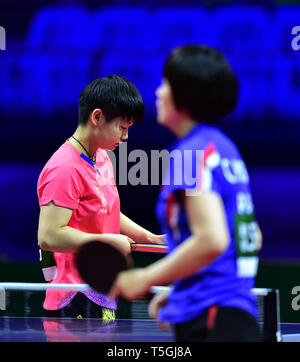Budapest, Ungarn. 24 Apr, 2019. Sun Yingsha (L) von China reagiert während singles Runde der Frauen von 16 gegen Cha Hyo Sim von der Demokratischen Volksrepublik Korea (DVRK) am 2019 ITTF World Tischtennis-WM in Budapest, Ungarn, 24. April 2019. Sun Yingsha gewann 4-0. Credit: Lu Yang/Xinhua/Alamy leben Nachrichten Stockfoto