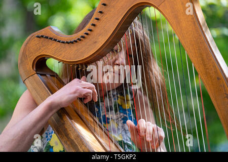 Edinburgh, Schottland, Großbritannien. 25 Apr, 2019. Tradfest tritt weg Es ist 7 Jahr am Freitag, 25. April in Edinburgh. Tradfest mischt das Beste der traditionellen Musik, World Cinema feiern Folk kultivierten Storytelling. Abgebildete clarsach player Savorna Stevenson in der Schottischen Book Trust Garten in Edinburgh. Credit: Iain Masterton/Alamy leben Nachrichten Stockfoto