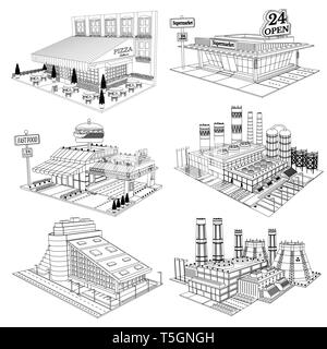 Set Skizze isometrische Gebäude des Café, Pizzeria, hotel, Supermarkt, Fabrik, Kernkraftwerk isoliert auf weißem Stock Vektor