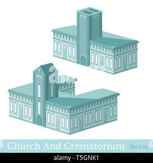Vektor isometrische Icon Set oder infografik Elemente, die Gebäude des Krematoriums und Kirche Stock Vektor