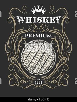 Hand Premium Whiskey Label mit Holzschaft und Krone. American Whiskey Label, Abzeichen, Aufkleber, T-Shirt drucken. Vector Illustration. Stock Vektor