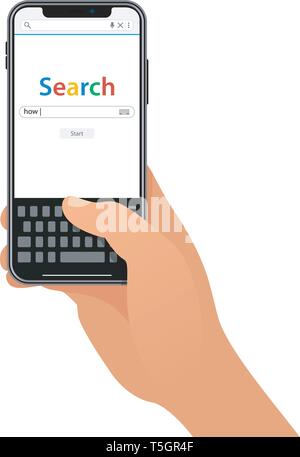 Eine männliche Hand schwarz moderne Handys mit einfachen Internet Suchmaschine Formular auf weißer Bildschirm Stock Vektor