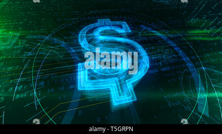 Dollarzeichen auf digitalen Hintergrund. Internet Marketing und cyber Business abstrakte Konzept der 3D-Darstellung. Stockfoto