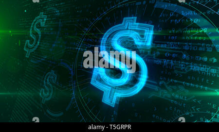Dollarzeichen auf digitalen Hintergrund. Internet Marketing und cyber Business abstrakte Konzept der 3D-Darstellung. Stockfoto