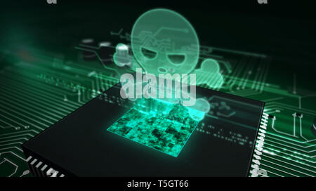 Cyber Security Konzept mit Schädel Hologramm über funktionierende cpu im Hintergrund. Computer angreifen, Cyberkriminalität und digitale Piraten Symbol 3D-Abbildung. Futu Stockfoto