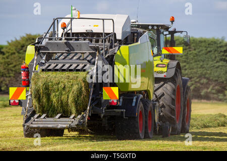 Kirwee, Canterbury, Neuseeland, 27. März 2019: ein Claas Presse und Traktor am Arbeitsplatz die Heuballen auf der Südinsel landwirtschaftliches Feld Tage Veranstaltung Stockfoto