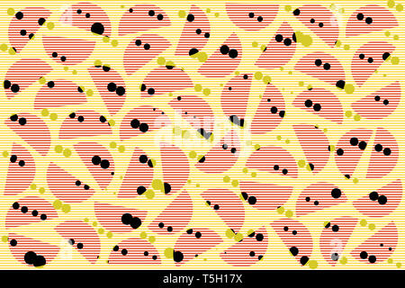 Schwarz Khaki random Dots, rot gestreift Halbkreise auf gelben Hintergrund. Abstrakte geometrische Muster im Retro-stil für textile Einrichtung Stockfoto