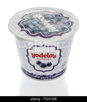 Winneconne, WI - 22. April 2019: ein Paket von Yodelay schweizer Joghurt auf einem isolierten Hintergrund Stockfoto
