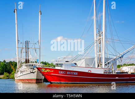 Krabbenfänger, einschließlich Sea World II und Eric Huynh, werden entlang der Bank im Bayou La Batre, Alabama angedockt. Stockfoto