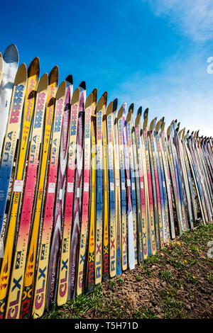 Zaun aus alten Alpinski, Salida, Colorado hergestellt; USA Stockfoto